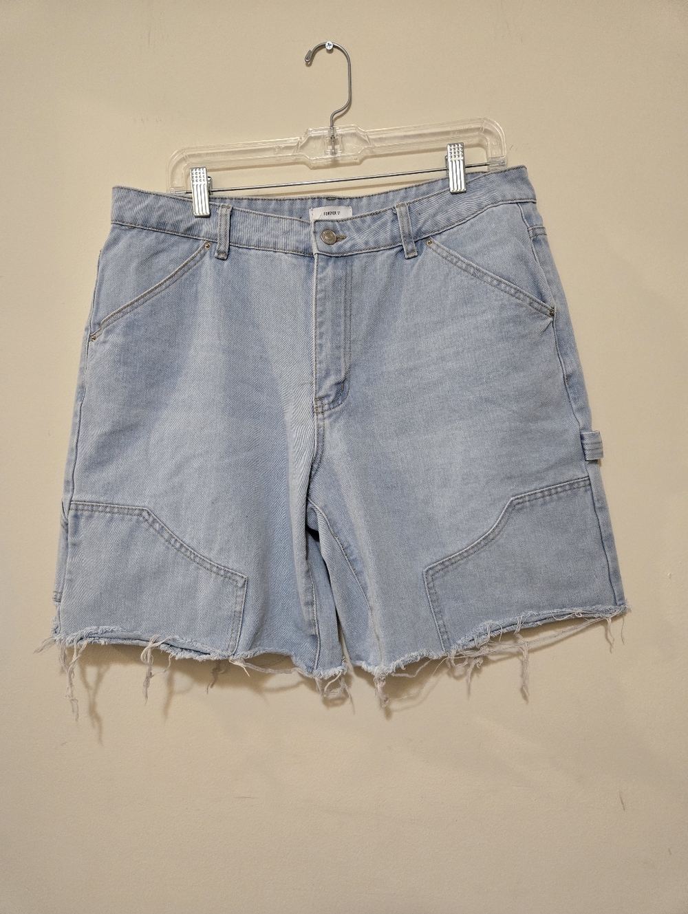 Forever 21 Light Wash Denim Carpenter Shorts with Frayed Hem